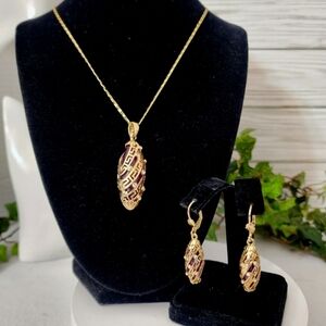 Gold and Purple Elongated Oval Pendant Necklace and Earrings Set Greek Key